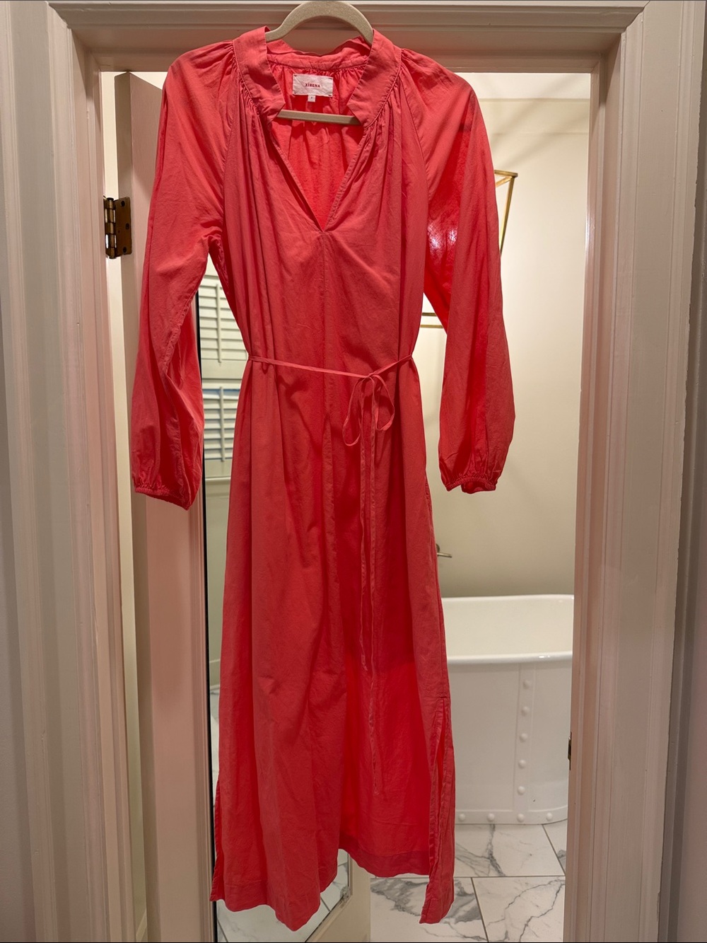 Xirena Women's Long Sleeve V-Neck Tie-Waist Dress in Coral Pink